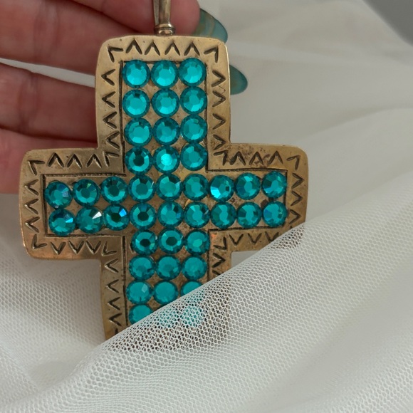 alpaca Jewelry - Turquoise and Brass Crystal Cross Pendant